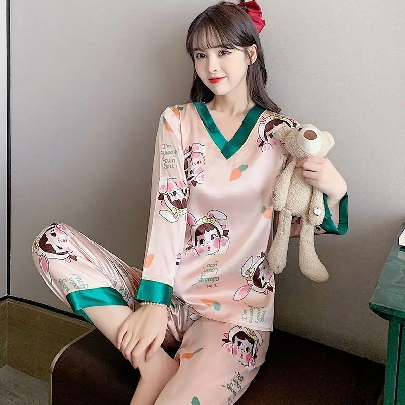 Bộ Đồ Ngủ Gấu Trúc, Bộ Đồ Hai Mảnh Bằng Lụa Lạnh Dành Cho Nữ, Thích Hợp Cho Mùa Hè Và Mùa Thu, Hàng Mới Về 2024, Quần Dài Cao Cấp, Dài Tay, Mỏng, Đồ Mặc Nhà Áo Nhung Top