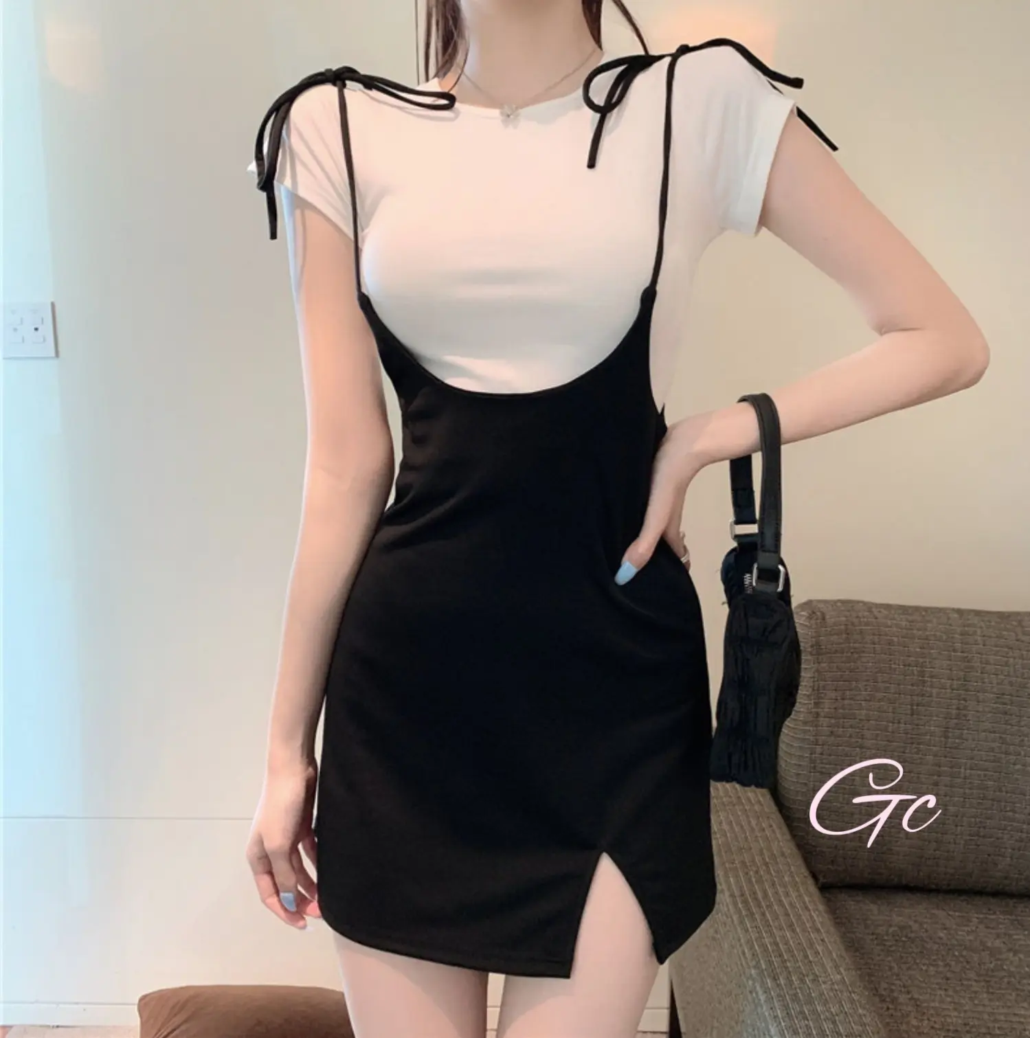 ( S - XL ) Korean One Set White T Shirt Short Sleeve + Black Mini Dress Ribbon Strap Setelan Kaos Putih Lengan Pendek + Dress Pendek Hitam Tali Pita