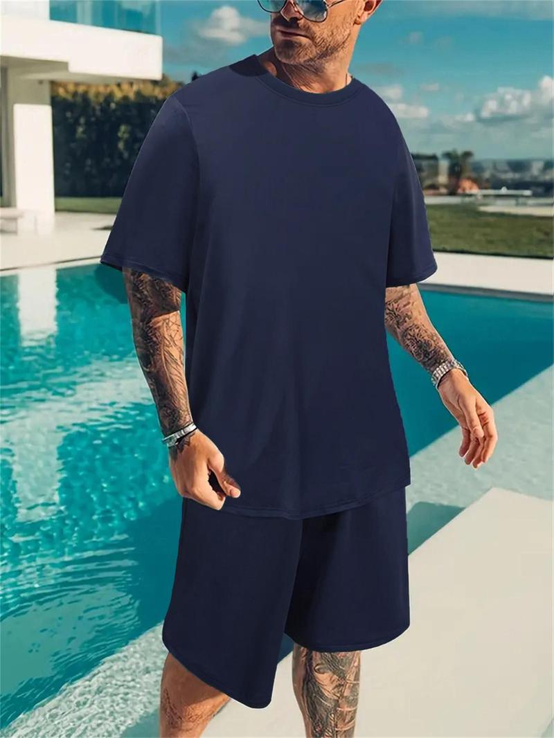 Product Introduction of 2 Piece Set Men's Solid Round Neck Tee & Drawstring Waist Shorts Set, Regular Fit Crew Neck Short Sleeve T-shirt & Pocket Shorts, Casual Fashion Cozy Breathable Men Two-piece Outfits for Summer 6