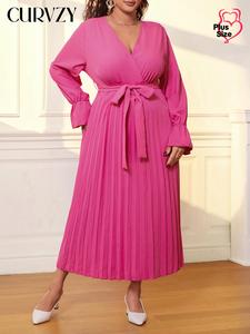 CURVZY Plus Size Solid Belted Pleated Flounce Sleeve Dress, Elegant V Neck Long Sleeve Dress for Spring & Fall, Women's Clothes for Daily Wear