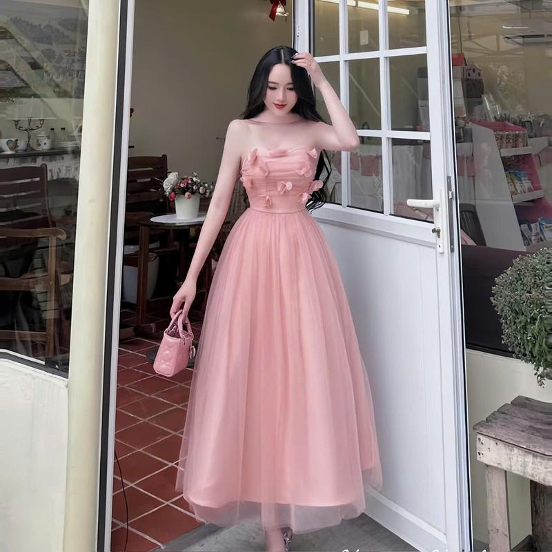 Đầm lưới xoè dáng dài đi tiệc sang chảnh, đầm cúp ngực đính hoa, 3 màu đen,trắng,hồng vải lụa phối lưới đính bông vm38 Voi Dress Nhung Women