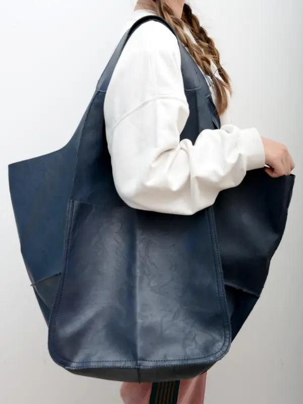 Plain Color Large Capacity Tote Bag,  Fashion Casual Shoulder Bag for Women, Vintage Style Pu Leather Tote Bag for for Work Travel 2