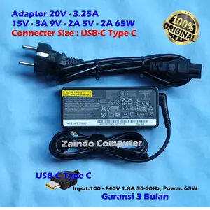 ADAPTOR LENOVOO TYPE USB C 20V 3.25A 65W  T480 T480S T580 T580S T490 T490S T590 T495S E480 E485 E495 E580 E585 E595 A275 A475 A285 A485 L480 L580 L490 X280 X390