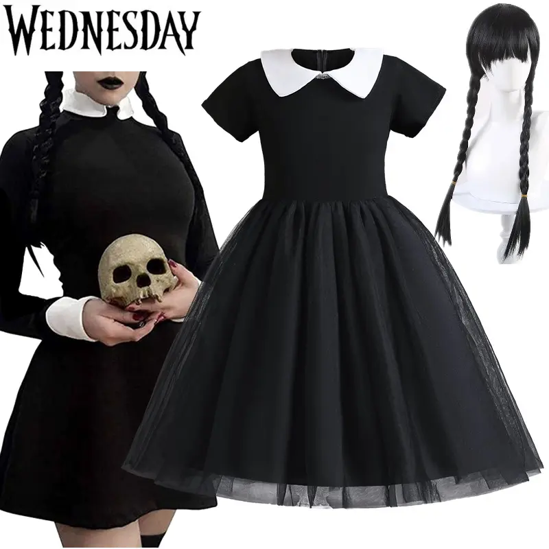 Wednesday Addams Costume Girl Dress for Girls Black Dress Halloween Disguise