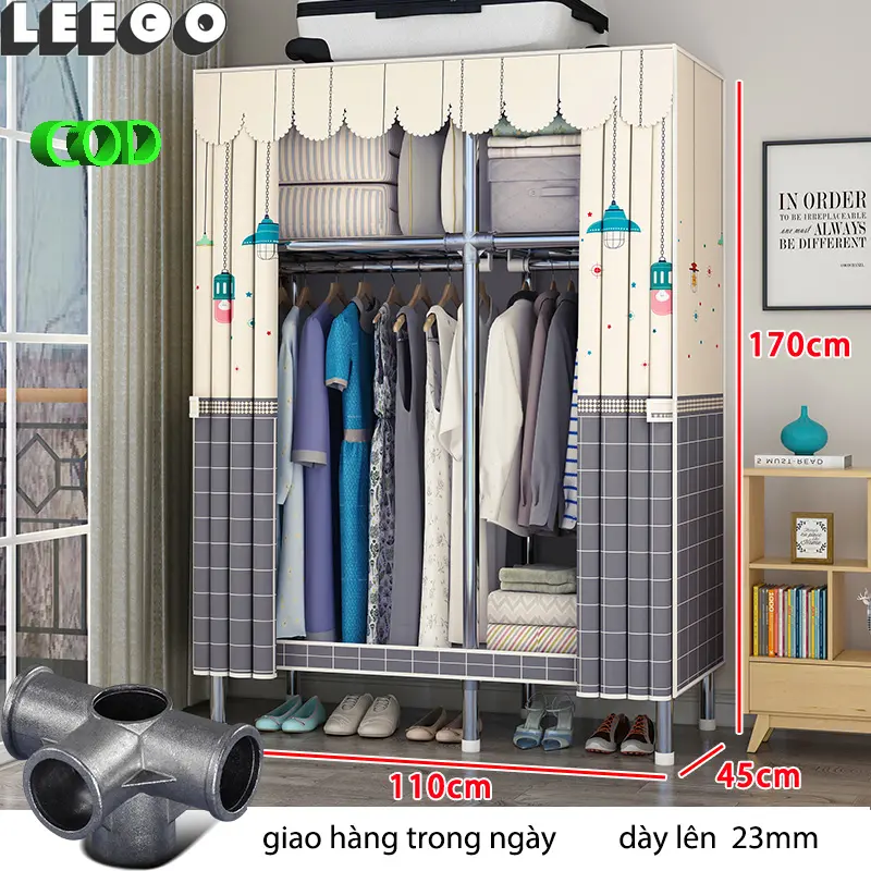LEEGO Tủ quần áo 110/130/150/170/195cm vải tủ quần áo trẻ em kích thước ống thép 23MM Các khớp hợp kim chắc chắn và bền