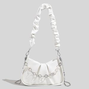 Solid Color Simple Stylish Chain Pleated Women's Shoulder Bag Crossbody Bag with Long Strap Korean Style Chain Decoration Versatile Fashionable Bag for Girls