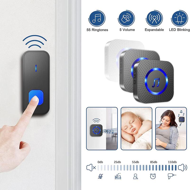 Wireless Music Doorbell, Multifunction Waterproof Doorbells with Button Transmitter & LED Flash, Self-adhesive Indoor Security Device for Home Classroom Office, Valentine's Day Gift 6