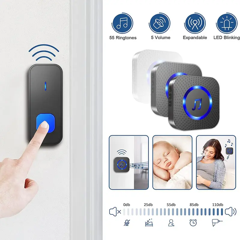 Wireless Music Doorbell, Multifunction Waterproof Doorbells with Button Transmitter & LED Flash, Self-adhesive Indoor Security Device for Home Classroom Office, Sensor, Decorative, Modern 5