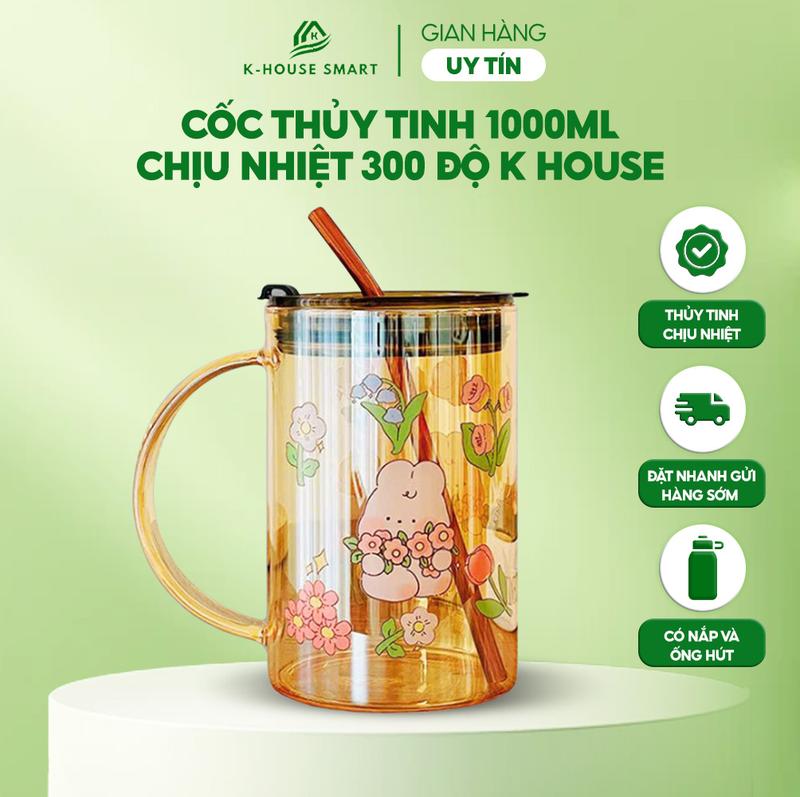 Cốc thuỷ tinh lớn 1000ml có nắp và ống hút chịu nhiệt tốt ly thuỷ tinh cao cấp dễ thương tặng ống hút thuỷ tinh