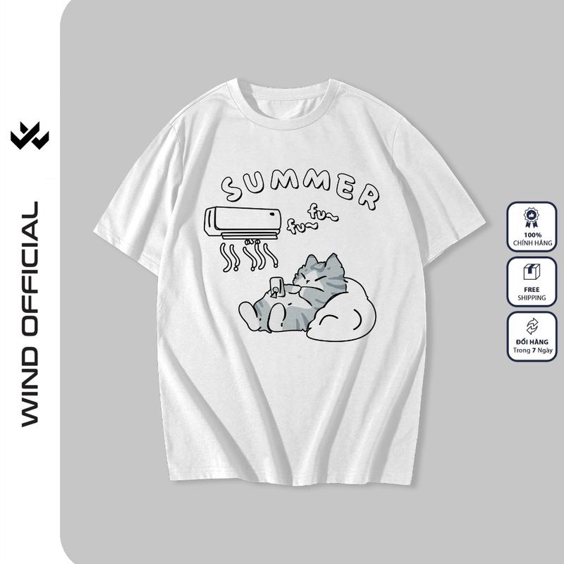 Áo thun tay lỡ WIND unisex form rộng Cat Sleep 65% cotton thời trang nam nữ oversize ulzzang Menswear Cổ Tròn 1