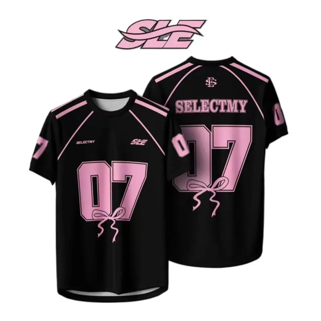 2025 Summer coquette jersey custom name Microfiber Jersey T Shirt Short Sleeve Sport Retro Collar Quick Dry Baju Unisex Breathable and quick drying Sportswear  Pink bow number 7 round neck jersey
