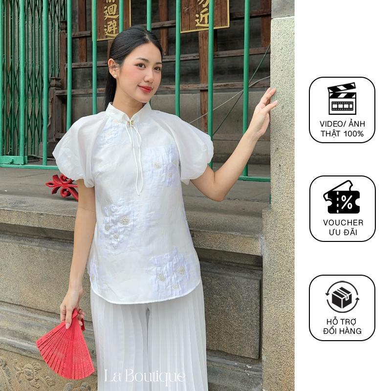 La Boutique - Áo Gấm Tay Bí NGỌC KHIẾT Phối Quần Voan Tơ Dập Ly (Lớp Lót Satin) - Set Đồ Tết Nữ
