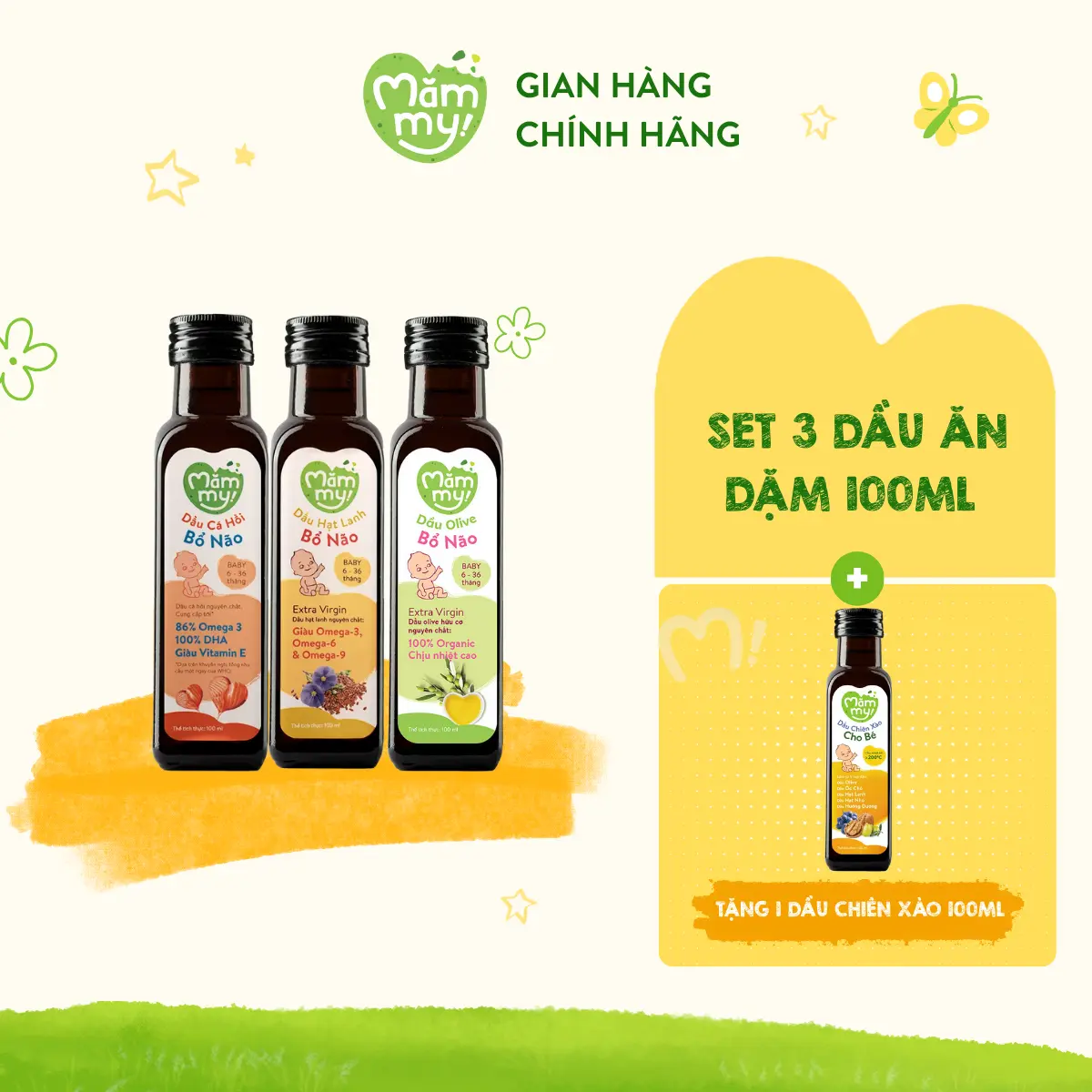 [Tặng dầu chiên xào 100ml]  Set 3 chai dầu ăn dặm Mămmy (Dầu cá hồi, dầu hạt lanh, dầu Olive), chai 100ml Vitamin Cho Bé