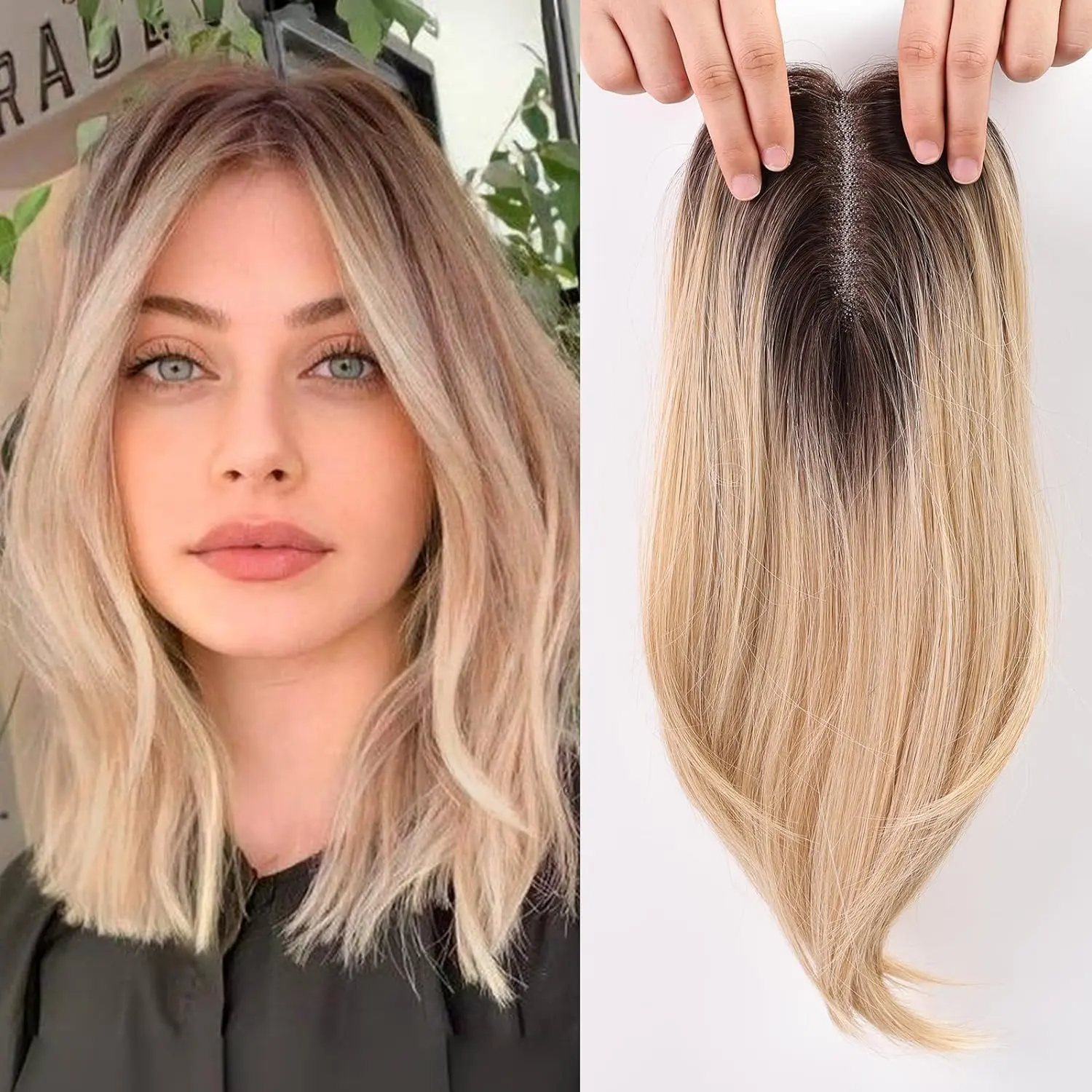 Local shipping- 14 Inch Light Blonde & Brown Hair Toppers for Women Human Hair Toppers Hair Pieces Swiss Base with 3 Clips in Wiglets Toppers for Women with Thinning Hair Grey Hair Loss