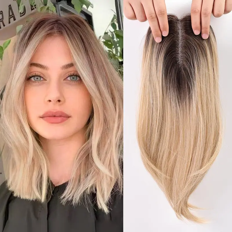 Local shipping- 14 Inch Light Blonde & Brown Hair Toppers for Women Human Hair Toppers Hair Pieces Swiss Base with 3 Clips in Wiglets Toppers for Women with Thinning Hair Grey Hair Loss 0