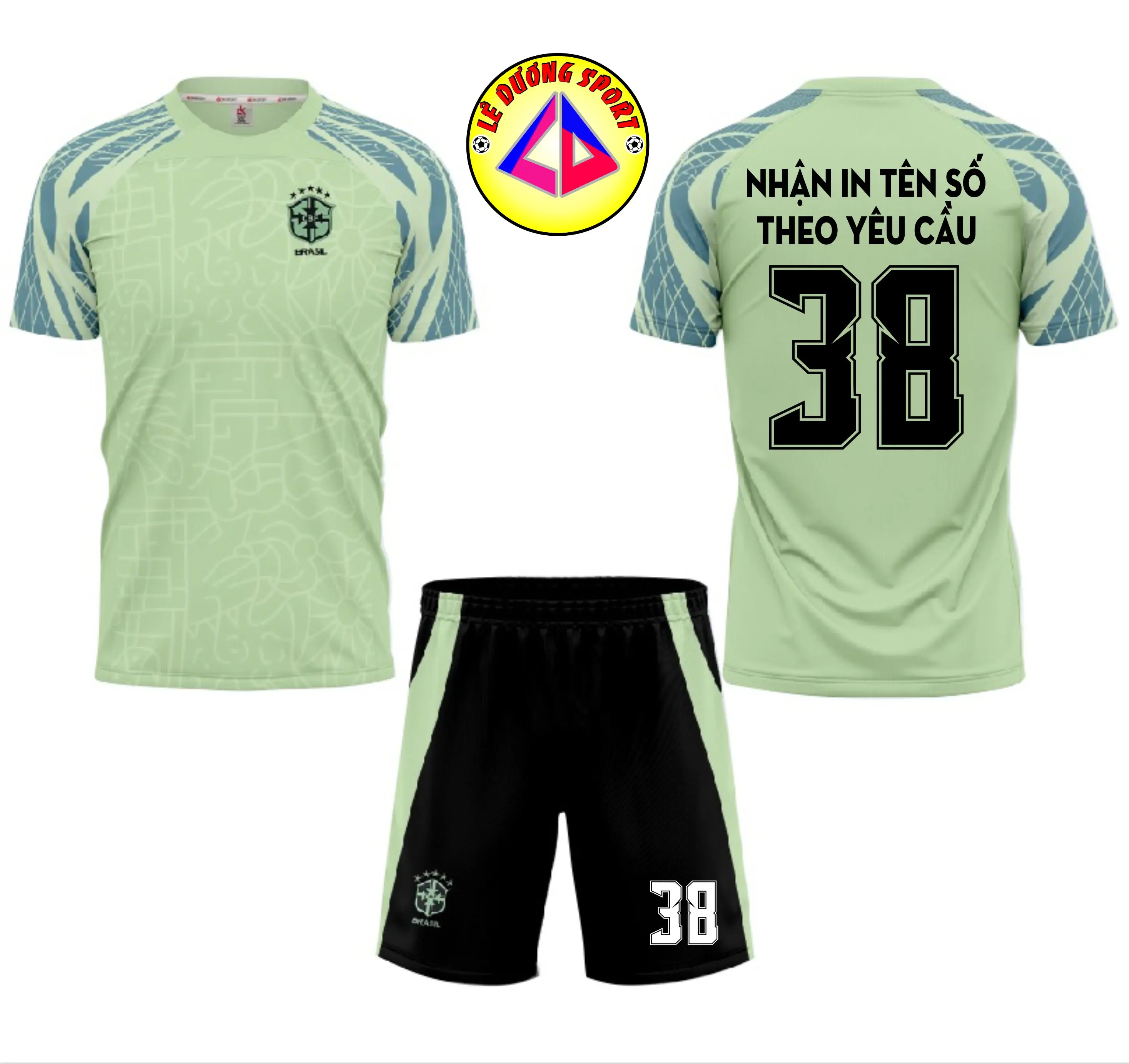 Áo đá bóng Brazil Xanh Ngọc 2425, Vải thun lạnh, logo áo quần thêu, có dây rút quần, vải thun lạnh thấm hút, co giãn thoải mái.