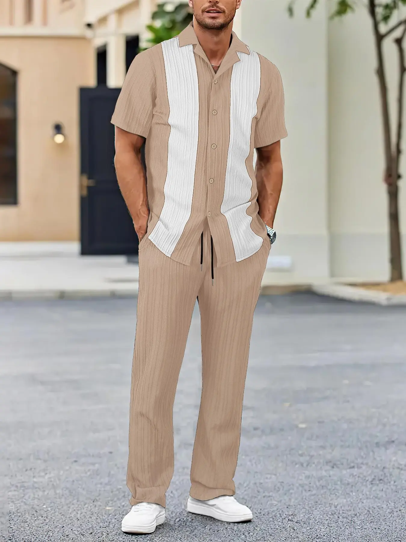 Men's Short Sleeve Shirt & Pants Two-Piece Set, Casual Button Top & Trousers for Summer, Men's Two-piece Set for Daily Wear