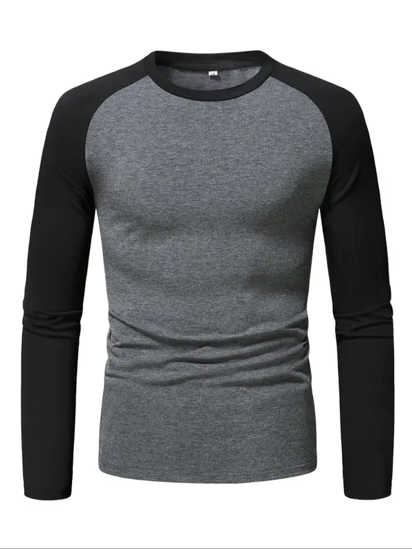 Men's Colorblock Raglan Sleeve Round Neck Tee, Casual Long Sleeve T-shirt for All Seasons, Fashion Men's Top for Daily Wear 2