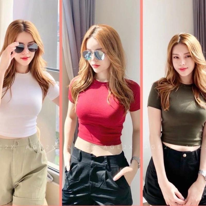 Áo Croptop Ngắn Tay Cổ Tròn - Vải Thun Trơn Dày Co Giãn Thoáng Mát Ôm Body Sexy Cá Tính Nữ Đen h441