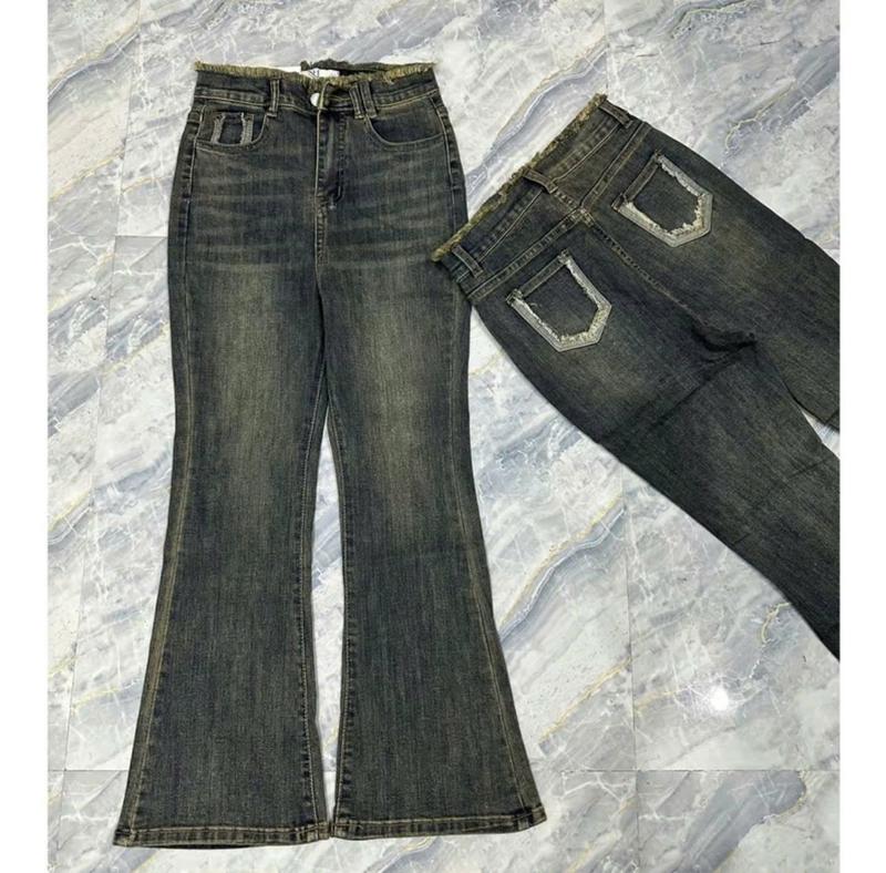   Loe Lỡ 90 Cm  Quần Jean Nữ Loe Lỡ Ống Dài 90cm  loe Nấm Lùn Tua Lưng Tua Túi Lưng Cao - Pants Women 