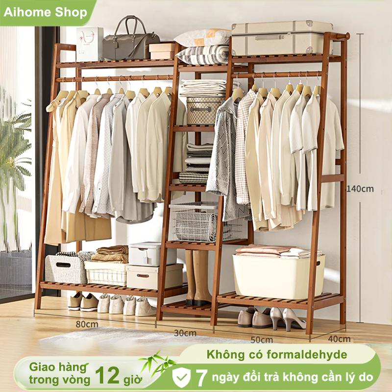AI Tủ Treo Quần Áo Gỗ Thông,màu gỗtối Kệ Gỗ Tre Nhiều Tầng Có Chỗ Để Đồ Vừa Tiện Vừa Đẹp