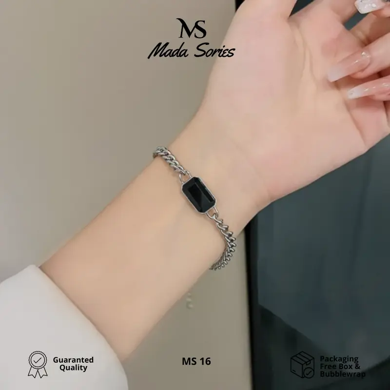 Madasories Gelang Rantai Titanium Permata Hitam Berkilau Zirconium MS16 7