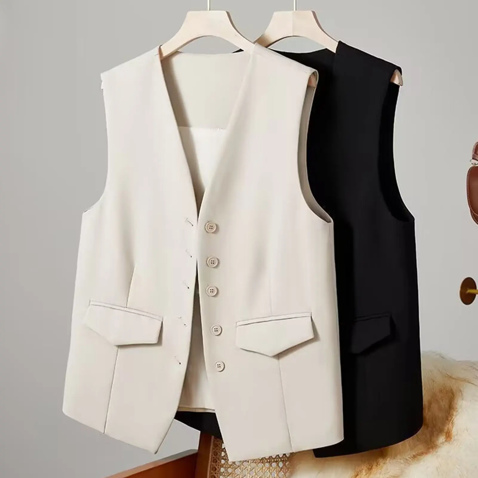 Áo Vest Công Sở Nữ, Boequay, Cổ Chữ V, Không Tay, Màu Trơn Một Hàng Cúc, Phong Cách Đi Làm, Áo Khoác Cardigan, Áo Ghi Lê