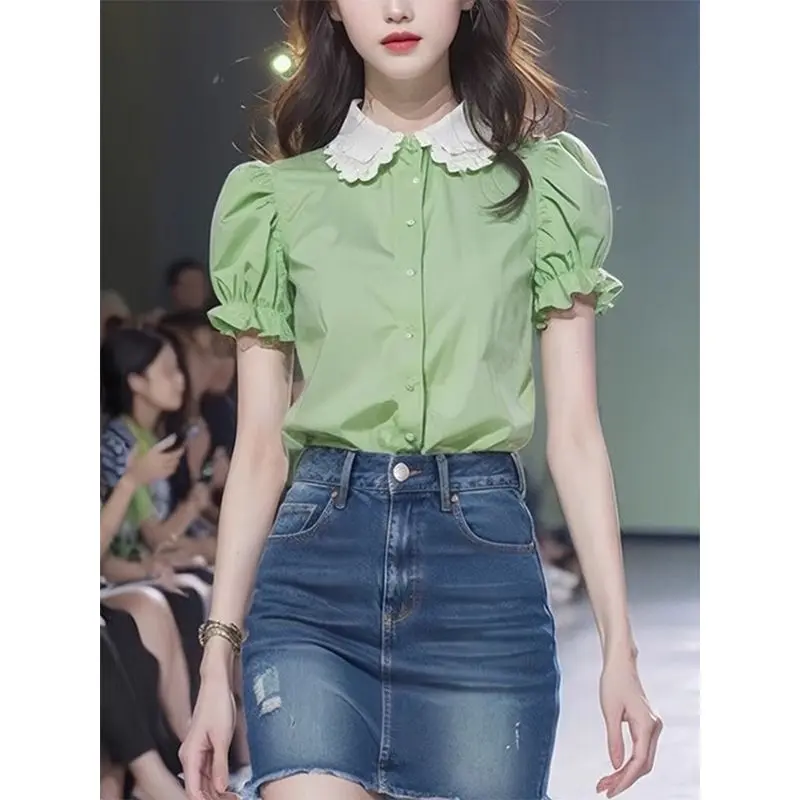 Quần Áo Nữ Mùa Hè Áo Sơ Mi ngắn Tay Cổ Peter Pan Màu Xanh Lá Cây Nhạt Thiết Kế Đẹp Mới 2024 Áo Sơ Mi Nhỏ Trẻ Trung Đẹp Giấu Bụng 4