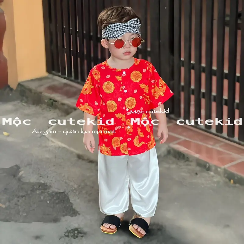 Bộ quấn áo bé trai (4-35kg), bộ đồ áo Gấm quần Lụa, cho bé mặc trong các dịp lễ như trung thu ... 1