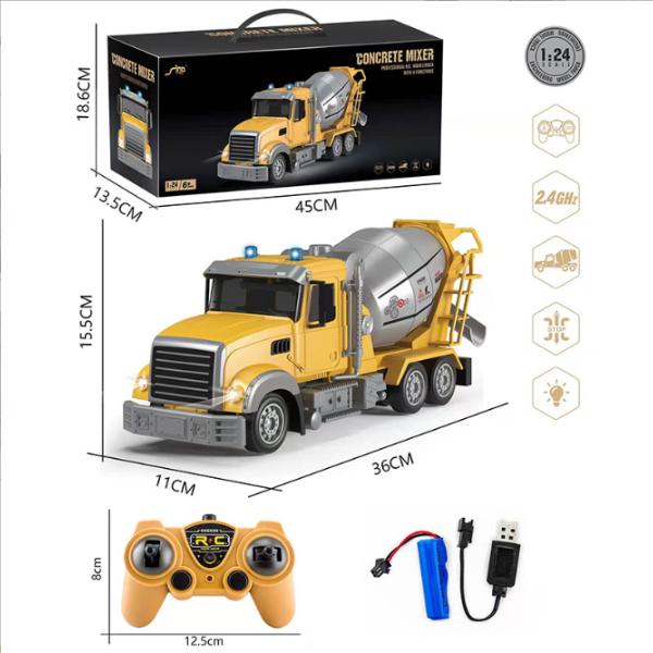 Xe trộn bê tông điều khiển từ xa 11 kênh có đèn chạy pin sạc – Mô hình xe công trình 1:24 cho bé
