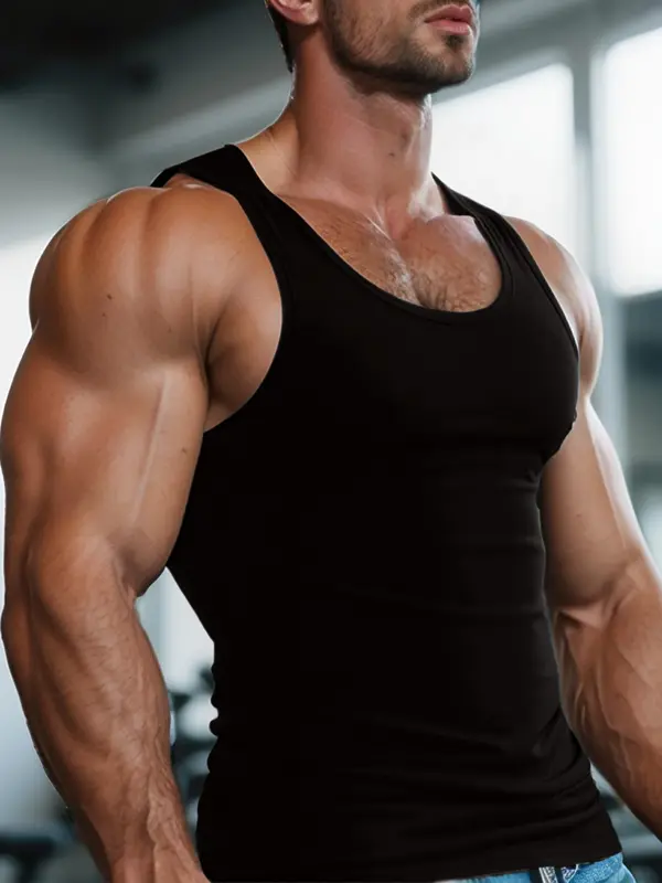 Men's Solid Round Neck Tank Top, Regular Fit Casual Breathable Sleeveless Top for Gym Workout, Men's Top for Summer 2
