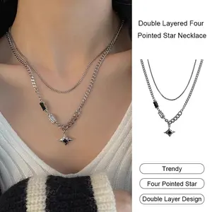 【BATIKSAM】Double Layered Four Pointed Star Necklace Unisex Trendy Necklace Hip-hop Style Clavicle Chain