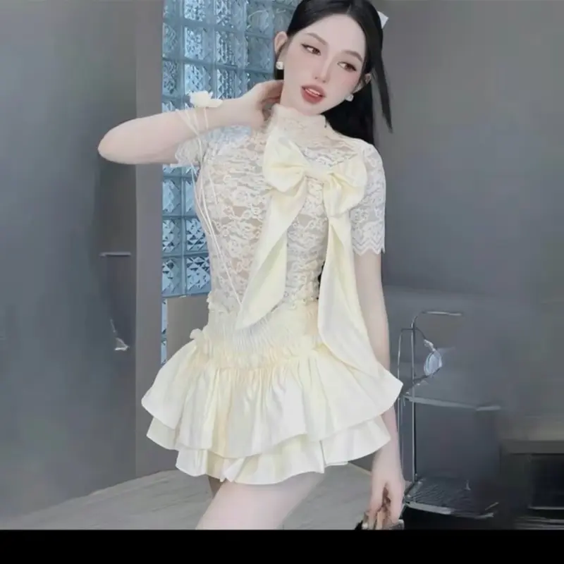 Set Áo Ren Nhung Đính Nơ + Chân Váy Bo Eo 2 Tầng ( Đi Tiệc, Dạo Phố, Đi chơi ) Top Nữ Women Voi 2