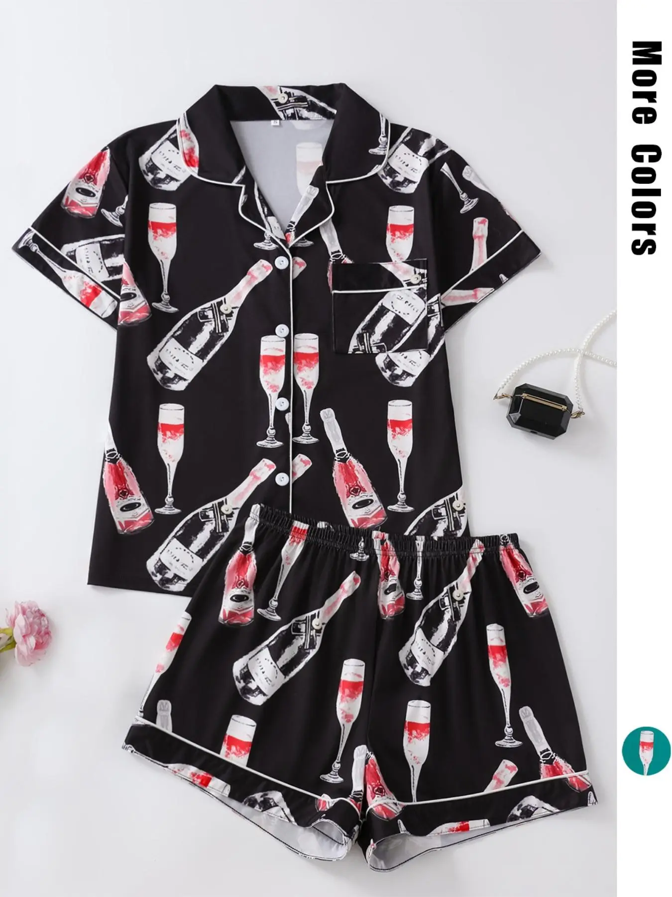 Women's Wine Bottle Print Shirt & Shorts Pyjama Two-piece Set, Casual Elegant Comfy Short Sleeve Top & Shorts Set, Pajamas, Ladies Sleepwear for All Seasons
