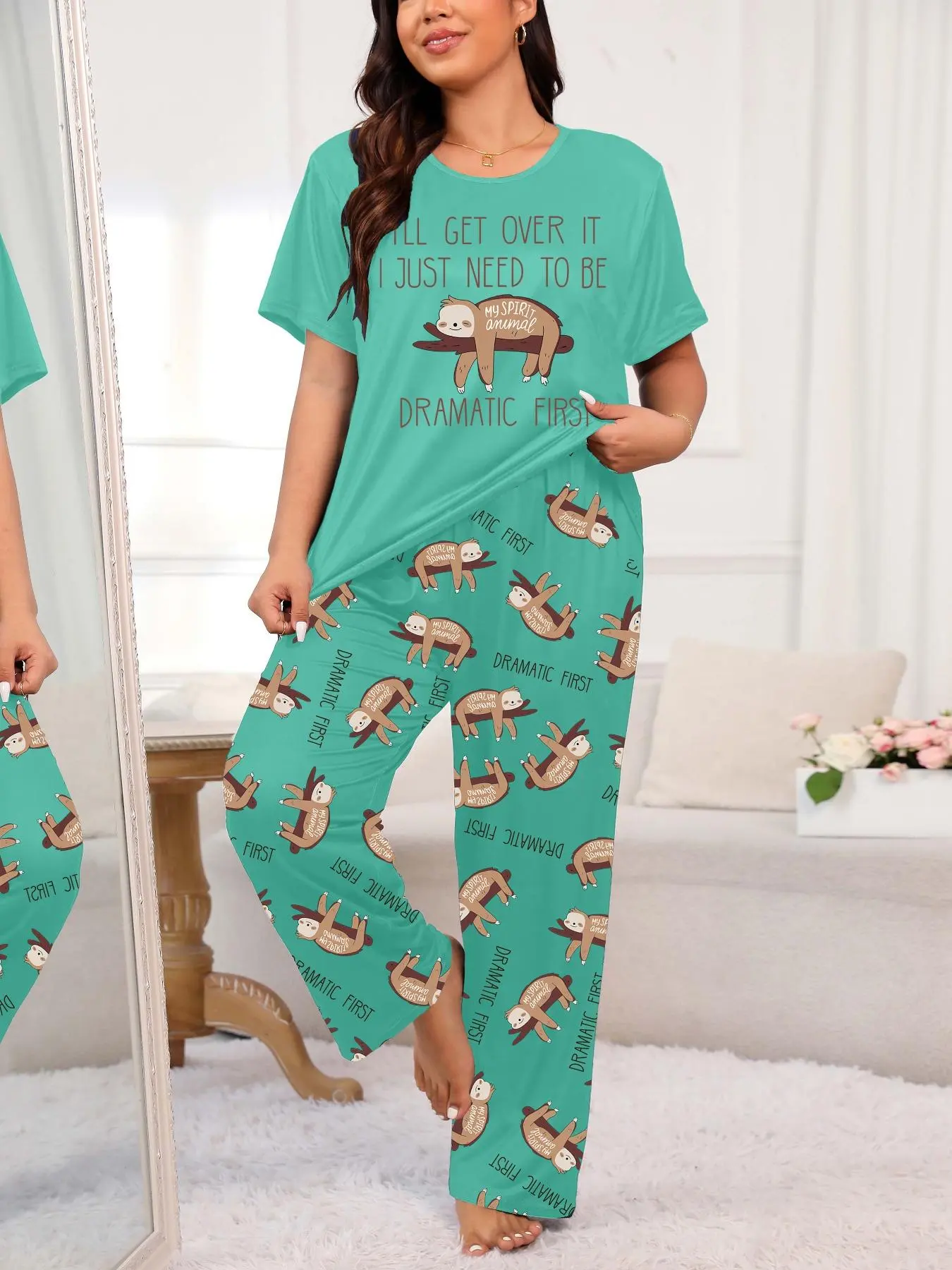 Plus Size Women's Cute Cartoon Sloth Print Round Neck Short Sleeve Tee & Elastic Waist Pants Pajama Two-piece Set, Casual Comfy Breathable PJ Set for Daily Home Wear, Women's Sleepwear for Summer