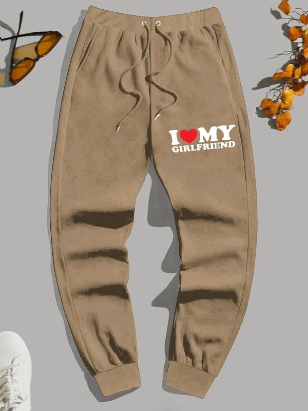 Men's "I Love My Girlfriend" Print Drawstring Sweatpants, Regular Fit Casual "I Love My GF" Print Pocket Jogger Pants, Fun Graphic Trousers 3
