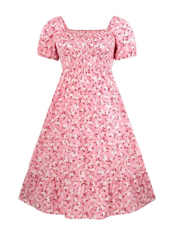 【Plus Size】Frenchy Style Ditsy Floral Print Puff Sleeve A Line Maxi Dress, Square Neck Shirred Dress, Dresses for Women, Dresses for Women, Women's Clothes for Summer, Summer Dresses, Womenswear 4