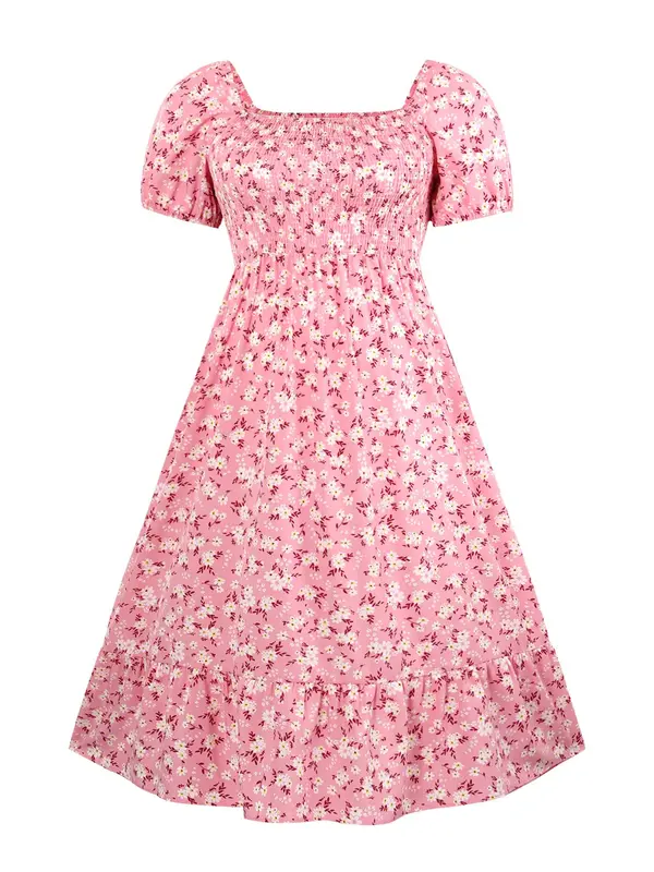 【Plus Size】Frenchy Style Ditsy Floral Print Puff Sleeve A Line Maxi Dress, Square Neck Shirred Dress, Dresses for Women, Dresses for Women, Women's Clothes for Summer, Summer Dresses, Womenswear 4