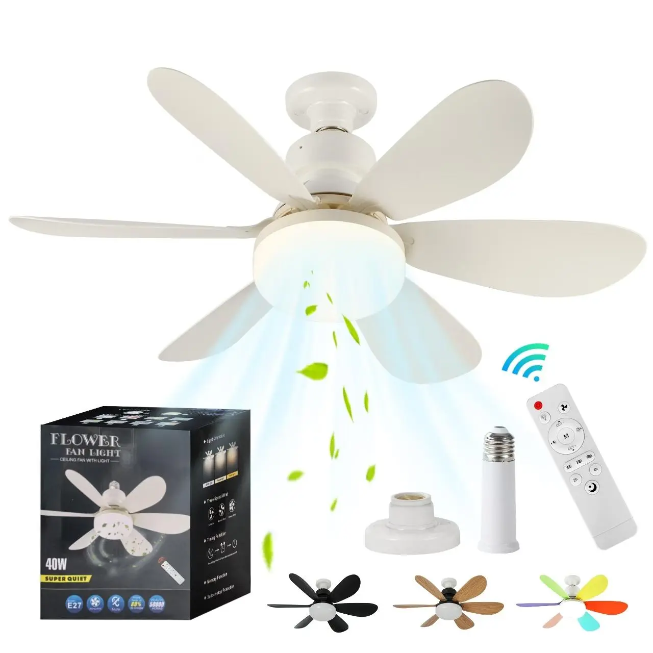 40W Socket Ceiling Fan Light with Remote, Indoor Lighting, E27 Base Dimmable LED Ceiling Fan Lights with 3-Speed Wind Adjustment, Replacement for Lightbulb Base