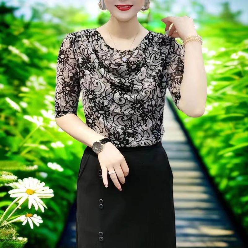 Áo Lớp Nền In Cao Cấp Mùa Hè, Áo Sơ Mi Lưới Co Giãn Phong Cách Phương Tây Của Mẹ, Ngoại Cỡ, Dáng Rộng Vừa Vặn, Có Túi, Cổ Bẻ, Bó Sát, Thanh Lịch, Năm 2024 Nữ Women 4