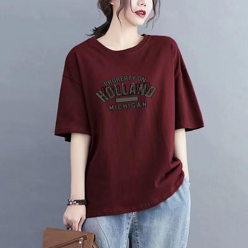 Áo Thun Cotton Ngắn Tay, Bộ Sưu Tập Mới Mùa Hè Năm 2025, Dành Cho Phụ Nữ, Phong Cách Hàn Quốc, Dáng Rộng Vừa Vặn, In Hình, Ngoại Cỡ, Dễ Phối Đồ, Hình Dạng Lắc Lư, Áo Cánh Cổ Tròn, Áo Lớp Nền 7