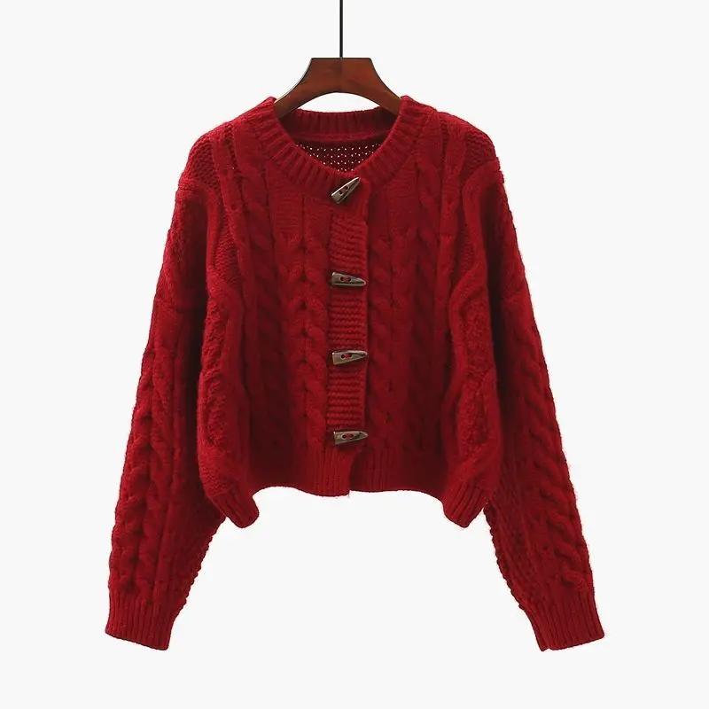 Áo Cardigan Len Đan Cáp Ngắn, Cạp Cao, Dành Cho Nữ, Dày Dặn, Hàng Mới Về Mùa Xuân 2024, Dáng Rộng Vừa Vặn, Có Thể Mặc Ngoài Trời, Áo Khoác Len Nút Sừng