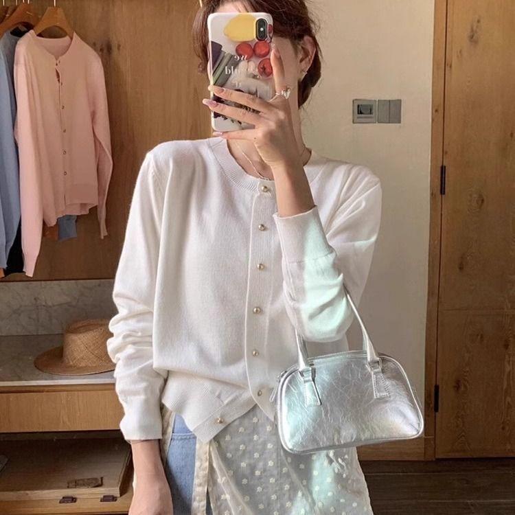 Áo Cardigan Dệt Kim, Cổ Tròn Màu Hồng, Dành Cho Nữ, Phong Cách Hàn Quốc Mới 2024, Khóa Vàng, Thiết Kế Đẹp, Áo Len Độc Đáo Cỡ Nhỏ Áo Khoác Mỏng, Thích Hợp Cho Mùa Thu, Đồ Len Nữ