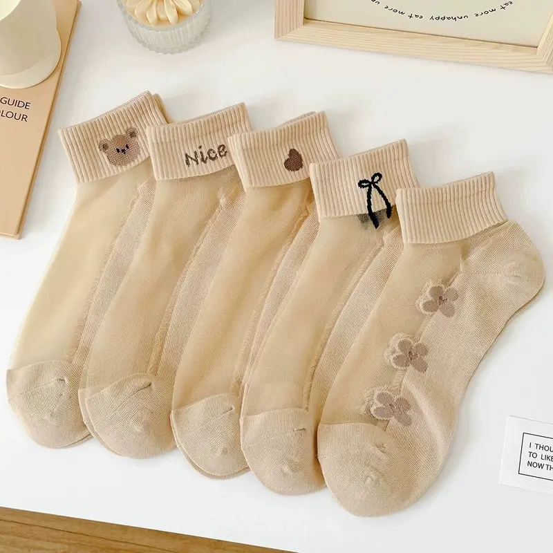 Tất Pha Lê, Màu Thịt, Tất Nữ, Tất Ống Ngắn, Phong Cách Mỏng Mùa Hè, Đáy Bông, Tất Gấu Bông Hoạt Hình, Tất Thuyền Dễ Phối Đồ 0