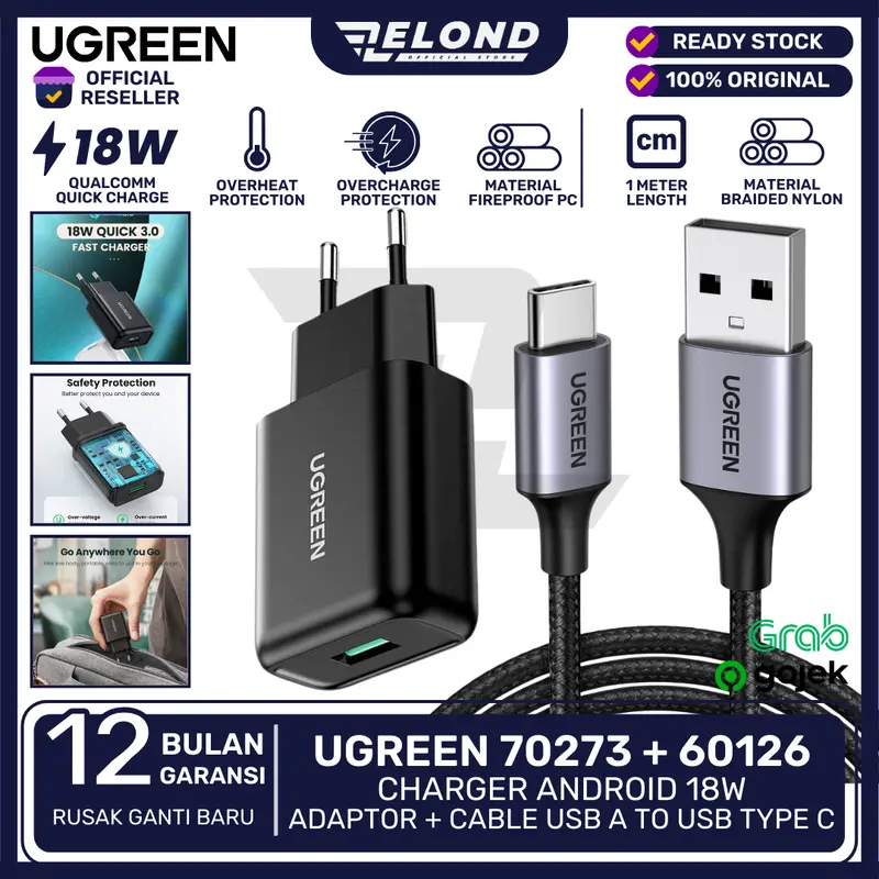UGREEN Charger Android 18W Adaptor + Kabel USB Type C 0