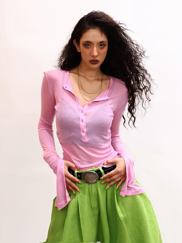 (Peach Ice Sand) Dopamine Split-Front Versatile Slim-Fit Sun Protection Long Sleeve Multi-Button Cardigan Top 1