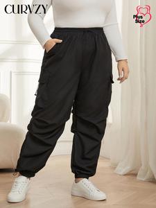 CURVZY Plus Size Solid Drawstring Waist Cargo Pants, Casual Pocket High Waist Trousers for Women, Women's Bottoms for Spring & Fall, Fall & Winter Clothes