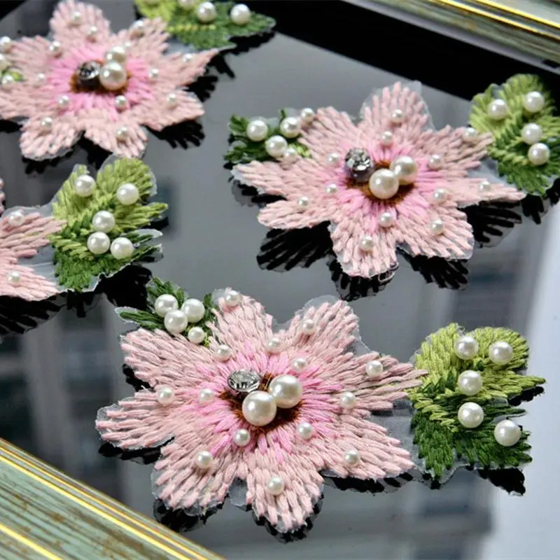 2Pcs Pink Flower White Pearl Sew On Patch for Clothing Beading Applique for Sweater Socks DIY Accessories