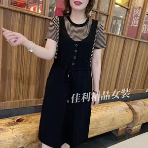 Korean Style Women Clothes Stripe Suspender dress Middle age mother Temperament Dress Loose Plus Size Short Sleeve High Quality age reduction Dresses