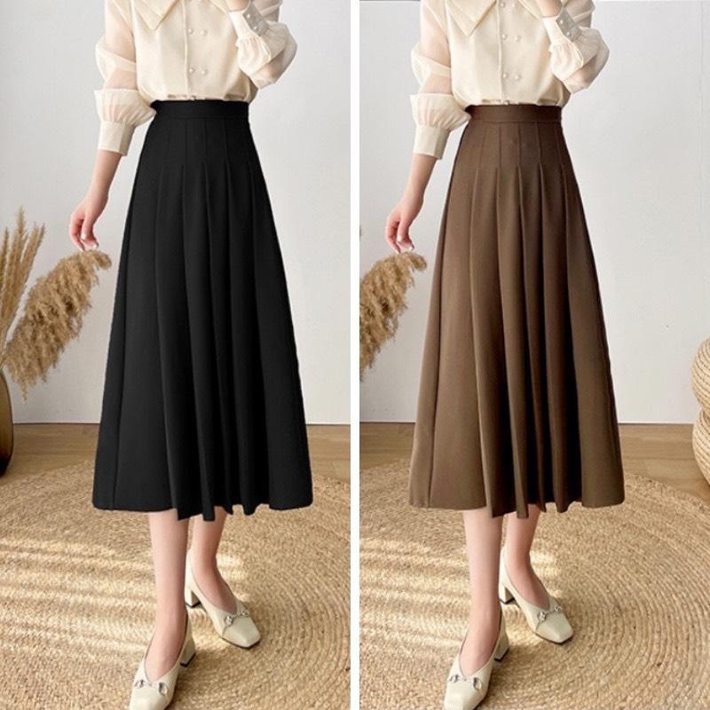  Chân váy xếp li dài basic kiểu váy midi lưng siêu cao chất vải vintex dày dặn phong cách công sở 